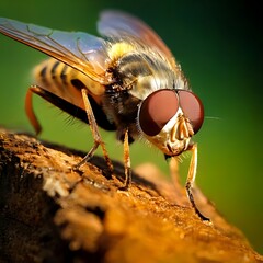 Macro shot of a hoverfly perched on a wooden surface, showing its intricate body and large red eyes. The background is blurred green