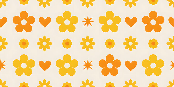 Retro floral and geometric seamless pattern with yellow and orange flowers, hearts and stars geometric pattern design| floral wallpaper |modern geometric seamless pattern