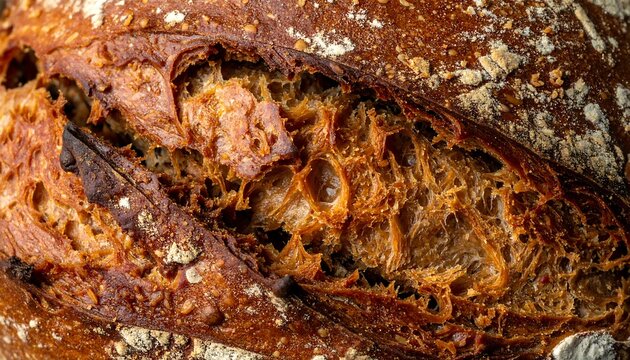 Macro shot of a freshly baked artisan loaf. Brown and golden crust reveals porous, fluffy interior. Flour dusted on the surface
