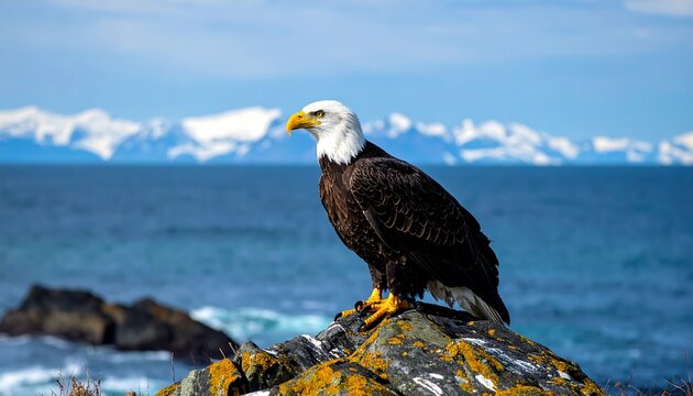 Majestic bald eagle perched on a rocky outcrop, overlooking a vast ocean and snow-capped mountains under a bright blue sky