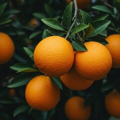 A close-up of vibrant, ripe citrus fruits hanging heavily on branches, representing productivity, success, and a rich harvest ,prosperous ,ripe ,plentiful