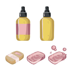Set of Body Oil and Scented Soap Bottles, cartoon style, cosmetics