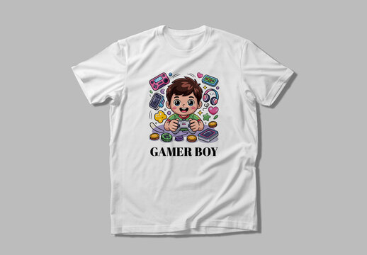 Gamer Boy Cute Illustration T Shirt Template
