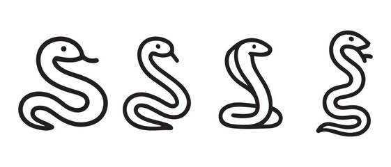Snake Icon Set. Black Line Art Illustrations Showing Serpent Postures from Calm to Aggressive.