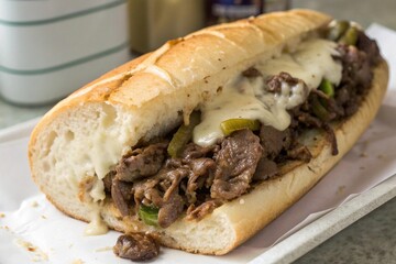 A delicious cheesesteak sandwich with melted cheese and savory meat filling