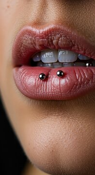 Detailed macro photograph capturing the lower lip pierced with a small, shiny metal stud. Focus on alternative beauty, body modification, and piercing, aesthetic, macro, labret