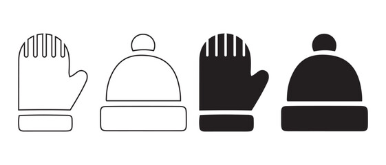 Winter Clothing Icons. Black and Outline Mitten and Hat Silhouettes for Seasonal Design.
