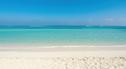 Fototapeta premium Idyllic tropical beach scene featuring white sand and crystal clear turquoise ocean water under bright summer sunlight, white sand, Holiday, beach