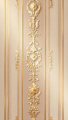 A luxurious beige wallpaper design featuring a repeating pattern of vertical stripes in varying shades of beige, some with subtle geometric golden patterns