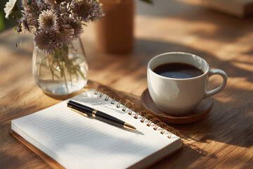 Daily planner notebook coffee pen minimal clear shot