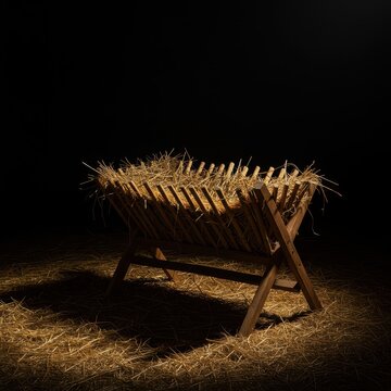Rustic wooden manger standing empty, bathed in dim light, projecting a powerful symbolic cross shadow across the dry hay and straw ,wood ,faith ,vintage
