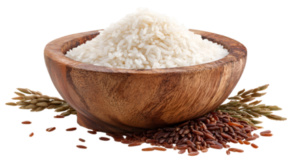Wooden bowl filled with white flour and surrounded by rice grains isolated on transparent background