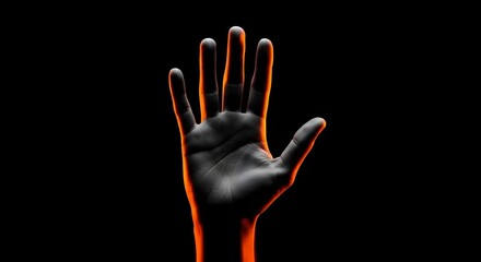 A raised hand illuminated by intense orange light against a deep black background, symbolizing a powerful stop gesture against violence and gender-based abuse. Used for the International Day for the 
