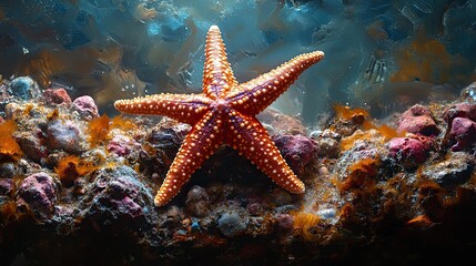 Sea star spreading arms over reef surface with textures catching soft light.