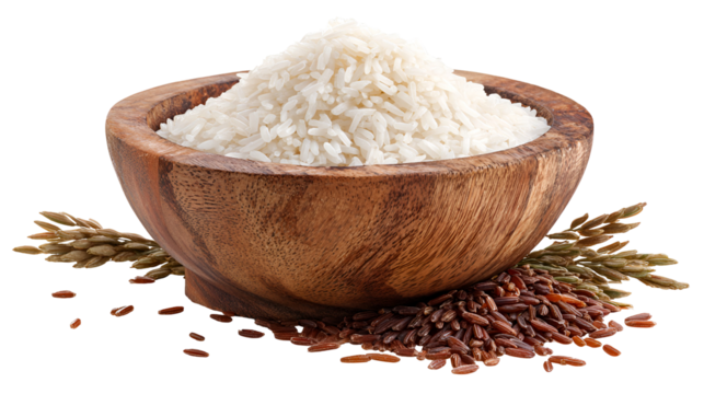 Wooden bowl filled with white flour and surrounded by rice grains isolated on transparent background