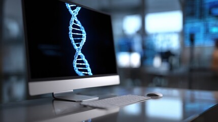 Blue dna helix on computer screen above sleek workstation in modern laboratory office showing genetic research visualization and high technology atmosphere