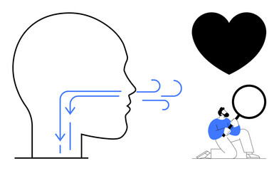 Outline of human head with airflow diagram, black heart symbol, and researching scientist. Ideal for health, respiration, anatomy, emotions, research biology scientific curiosity. Simple flat