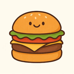 A cute and happy cartoon hamburger character with a smiling face, lettuce, and cheese on a light background.