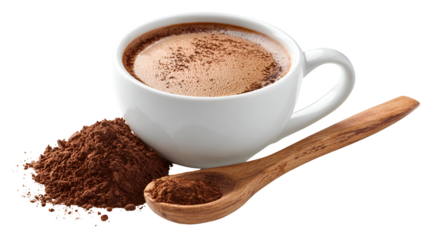 A steaming cup of hot chocolate with cocoa powder and a wooden spoon isolated on transparent background
