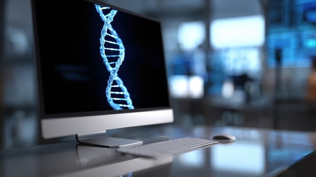 Blue dna helix on computer screen above sleek workstation in modern laboratory office showing genetic research visualization and high technology atmosphere