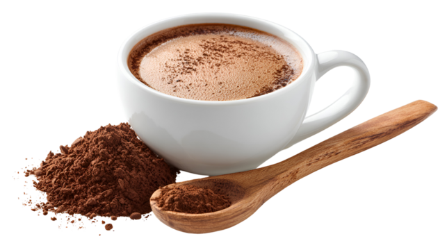 A steaming cup of hot chocolate with cocoa powder and a wooden spoon isolated on transparent background