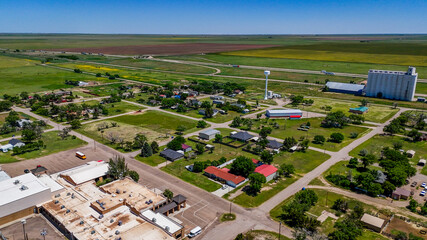 Aerial landscape of Adrian Texas on historic Route 66 americana town in rural Southwest