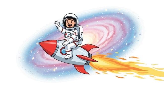 Illustration of a smiling astronaut riding a rocket ship with flames and a swirling galaxy background.