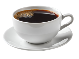 A steaming cup of black coffee with foam on a white saucer isolated on transparent background