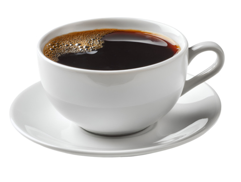 A steaming cup of black coffee with foam on a white saucer isolated on transparent background