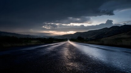 A wet asphalt road leads into the distance under dramatic evening clouds with rolling hills on either side