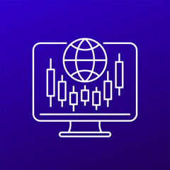 trading icon with candlestick chart and globe, line design