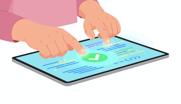 Successful App Development and Coding Validation. Hands Tapping Tablet Screen with Green Checkmark Icon Confirming Mobile Software Completion.