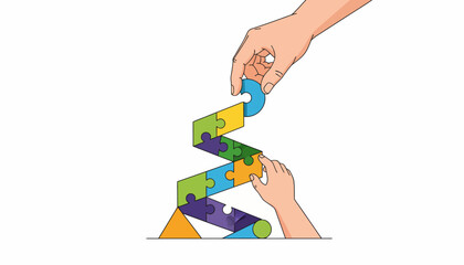 Building a Strong Foundation: Two Hands Collaborating to Construct a Winding Puzzle Structure Symbolizing Strategy, Growth, and Teamwork