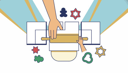 Flat Design Illustration of Hands Rolling Cookie Dough with Cutters for Holiday Family Baking