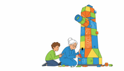 Intergenerational STEM Education: Grandmother and Boy Building a Modular Technology Tower with Electronic Circuit Blocks