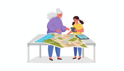 Generational Travel Planning: Older woman and young girl using a physical map and digital tablet to navigate an adventure route.