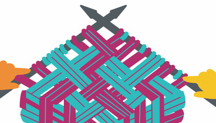 Complex Interconnected System Concept: Abstract Weaving Structure with Knitting Needles, symbolizing strategy, collaboration, and network building.