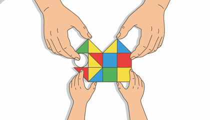 Intergenerational teamwork: Adult and child hands collaborate to build a colorful geometric house structure from vibrant blocks.