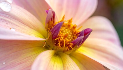 Macro shot of a multi-layered flower in soft pastel shades. Water droplets sit on petals, revealing yellow and purple centers