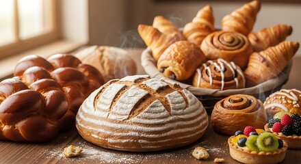 Freshly baked assortment of pastries and bread on a wooden table display