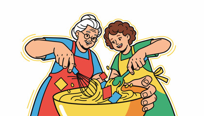 Happy Grandmother and Granddaughter Cooking Together, Mixing Batter in a Bowl. Family Baking Tradition Vector Illustration.
