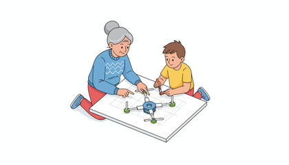Intergenerational STEM Education: Grandmother and Grandson Building a Drone Model Together on the Floor