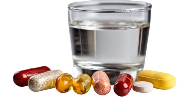 Glass of clear water with various colorful vitamin pills and supplements isolated on transparent background