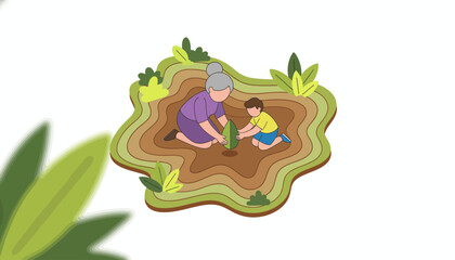 Grandmother and grandson planting a large seed in layered earth, symbolizing sustainability, growth, and intergenerational family legacy.