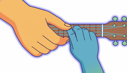 Colorful Vector Illustration of Hands Demonstrating a Chord on a Ukulele Fretboard, Highlighting Music Education and Mentorship
