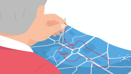 Complex Strategy and Route Planning: Senior Hand Sewing a Red Thread Path onto a Blue City Map, Illustrating Detailed Navigation and Execution