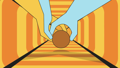 Pop Art Retro Illustration: Two Hands Reaching for a Sphere in a Hypnotic Orange and Yellow Infinite Tunnel.