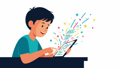 Happy Young Student Coding on Tablet: Digital Learning, Programming, and Creative Software Development Illustration