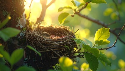 Close-up of an empty woven bird's home nestled in a tree, bathed in golden sunlight. Focus on natural details