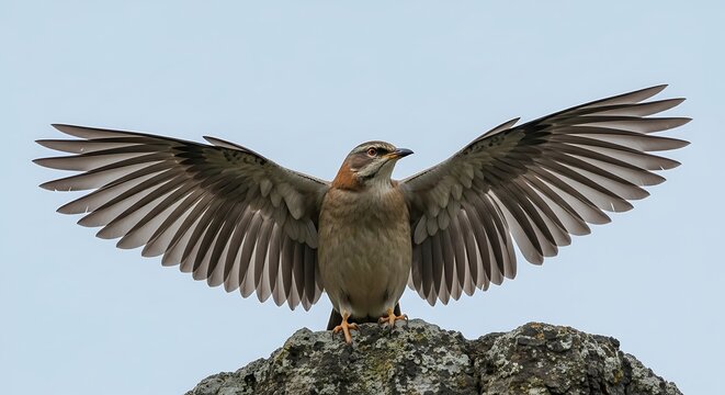 Bird with Wings Spread Wide Open Perched on a Rock. - Powered by Adobe